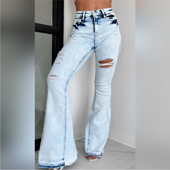 Flying Monkey Denim - Flying Monkey High Rise Coco Blues distressed light wash Flares jeans size 29